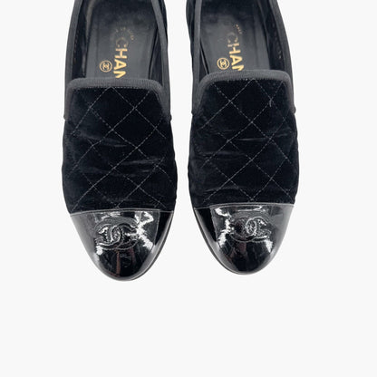 Chanel CC Cap Toe Quilted Loafers in Black Velvet Size 37.5