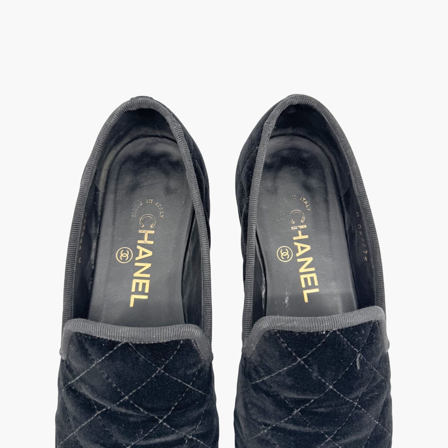 Chanel CC Cap Toe Quilted Loafers in Black Velvet Size 37.5