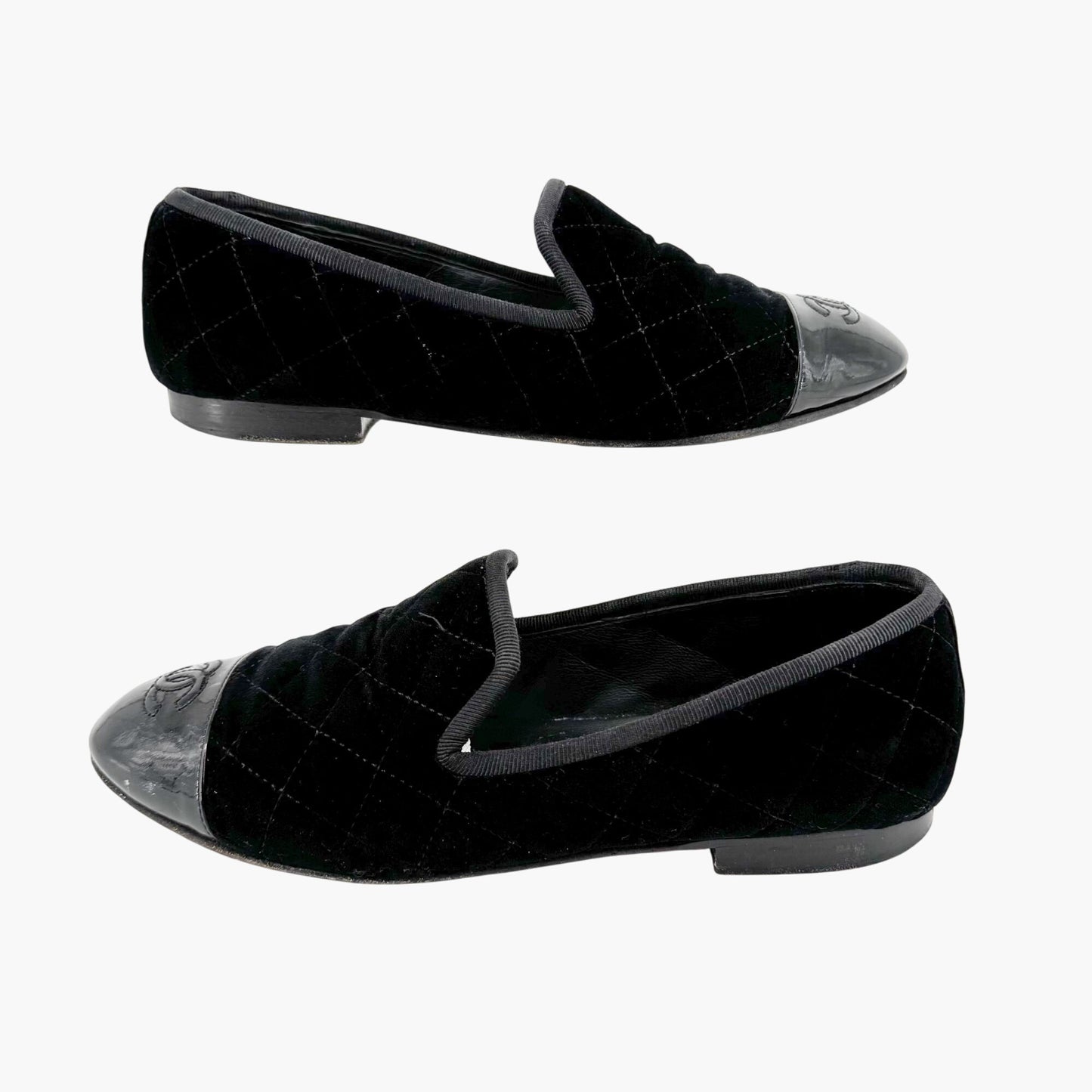 Chanel CC Cap Toe Quilted Loafers in Black Velvet Size 37.5
