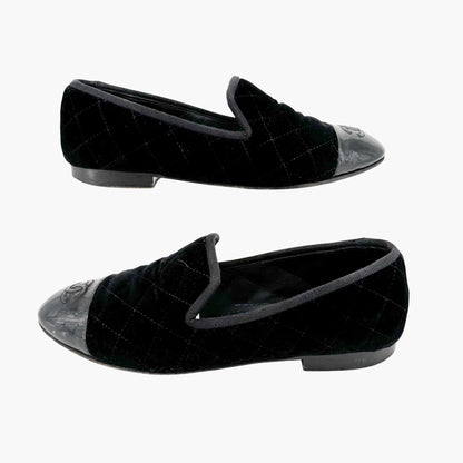 Chanel CC Cap Toe Quilted Loafers in Black Velvet Size 37.5
