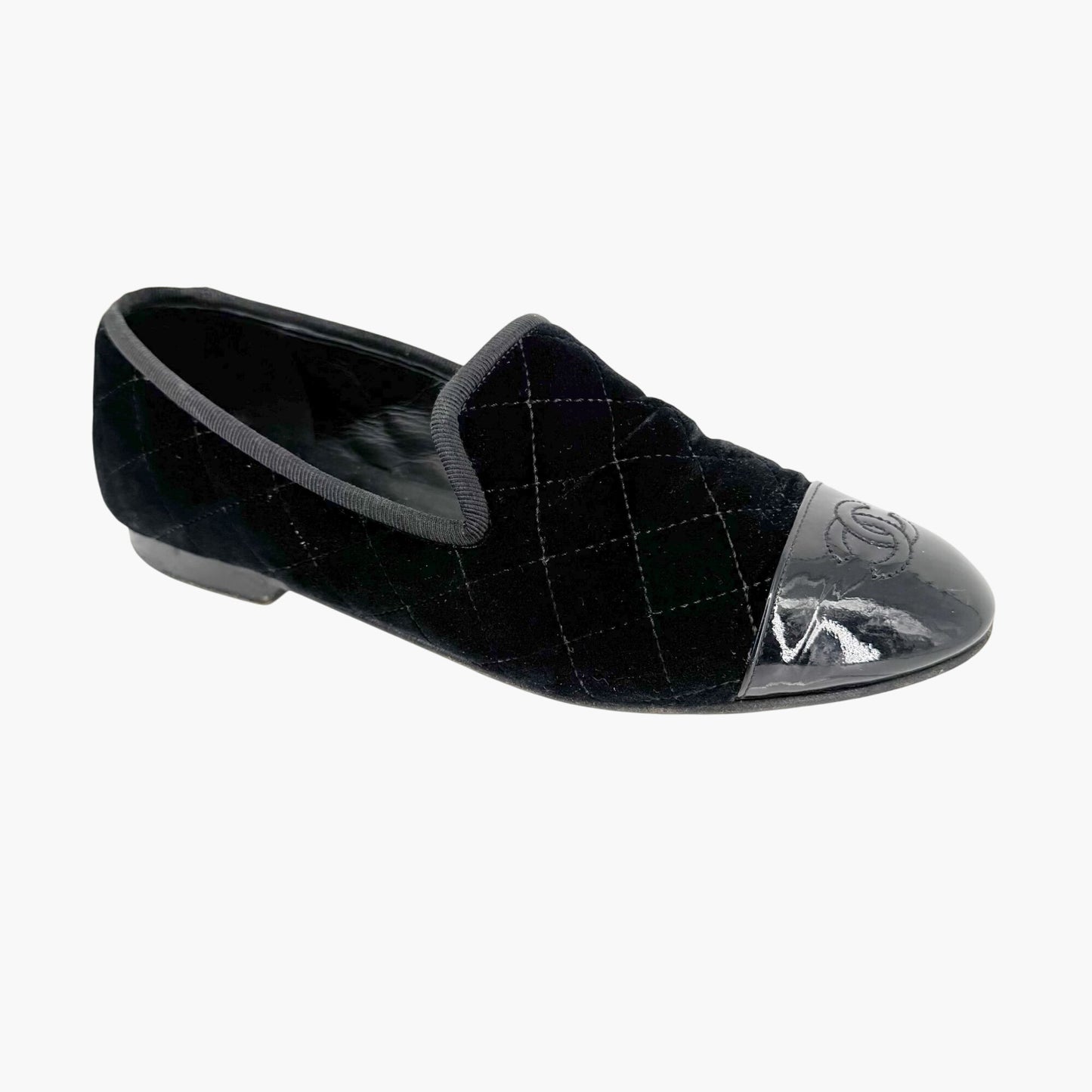 Chanel CC Cap Toe Quilted Loafers in Black Velvet Size 37.5