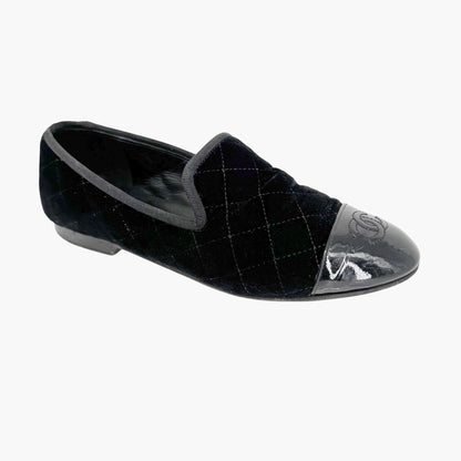 Chanel CC Cap Toe Quilted Loafers in Black Velvet Size 37.5