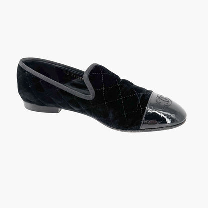 Chanel CC Cap Toe Quilted Loafers in Black Velvet Size 37.5