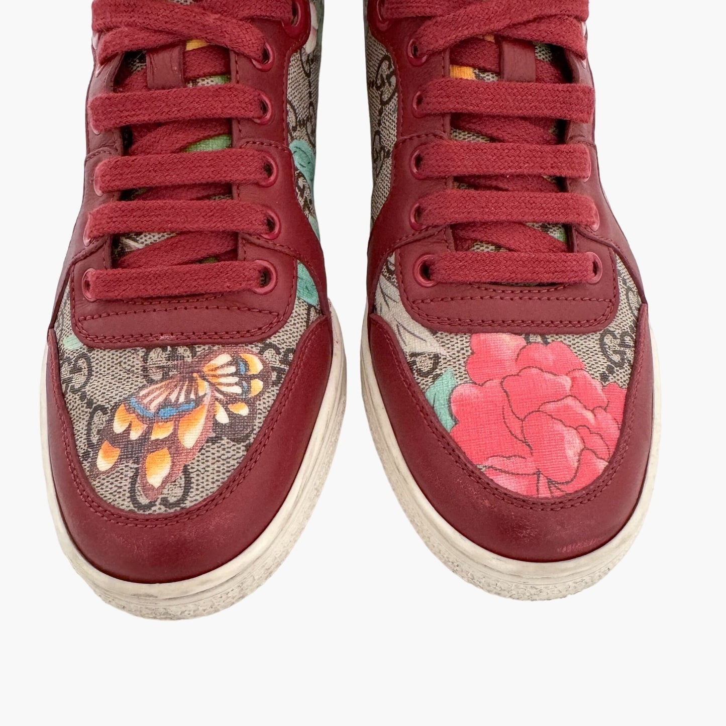 Gucci Tian High Top Sneakers in Floral GG Monogram Canvas & Red Leather Size 36