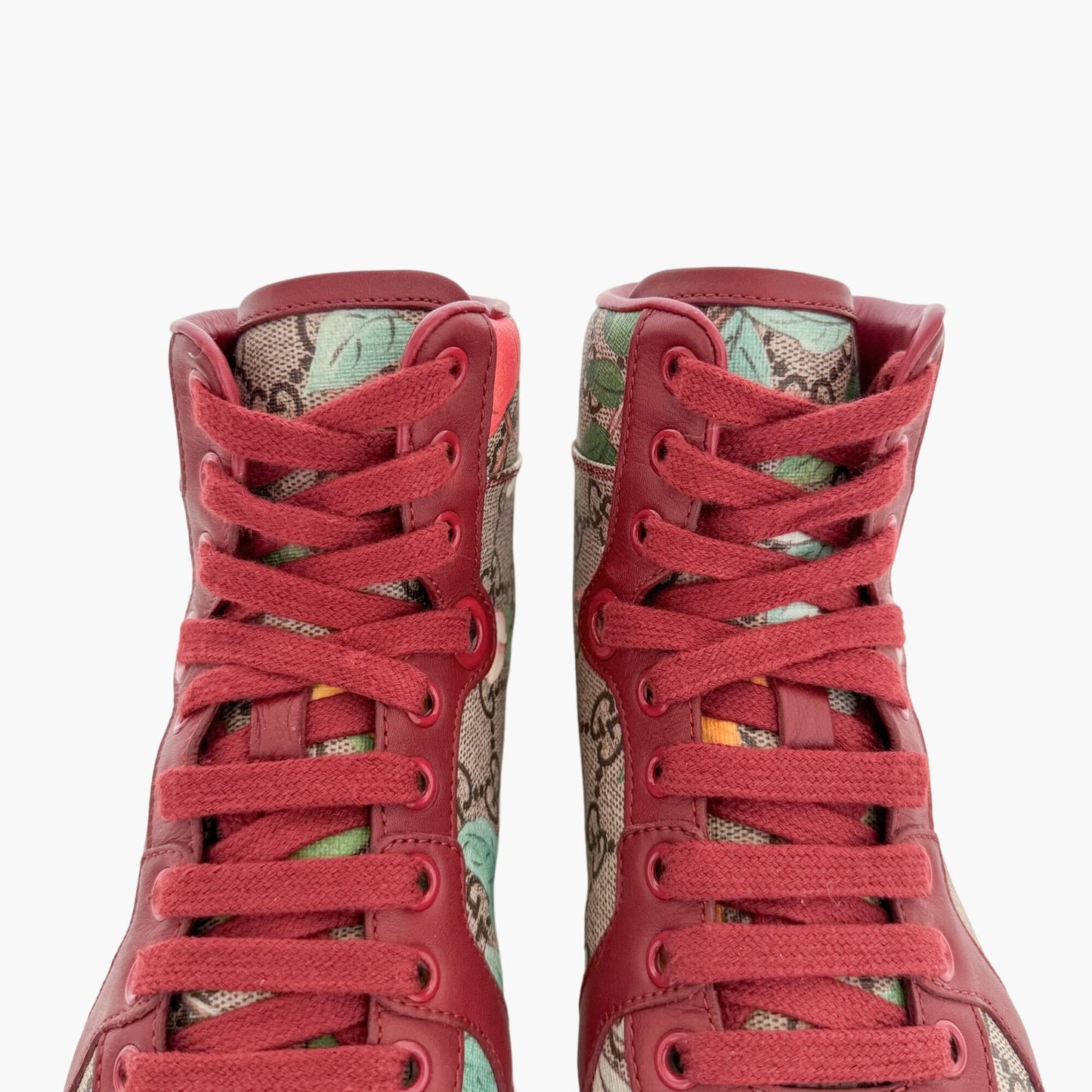 Gucci Tian High Top Sneakers in Floral GG Monogram Canvas & Red Leather Size 36