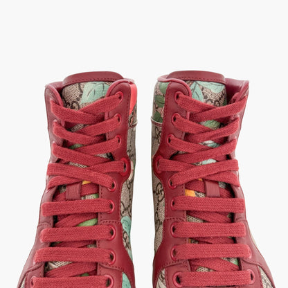 Gucci Tian High Top Sneakers in Floral GG Monogram Canvas & Red Leather Size 36