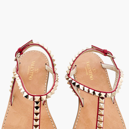 Valentino Garavani Rockstud T-Strap Flat Sandals in Red Leather Size 38.5