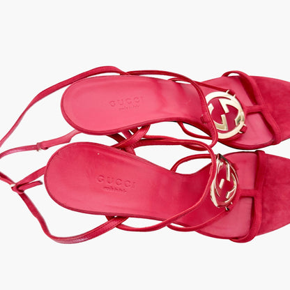 Gucci GG Strappy Heeled Sandals in Cerise Pink Suede Size 38