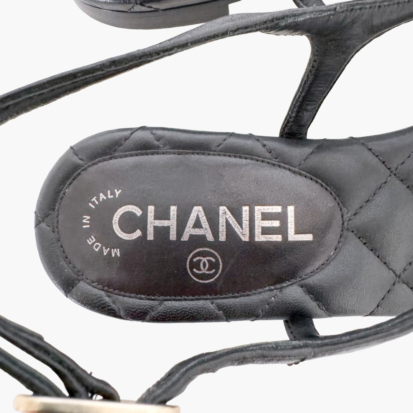 Chanel CC Star T-Strap Sandals in Black Leather Size 37