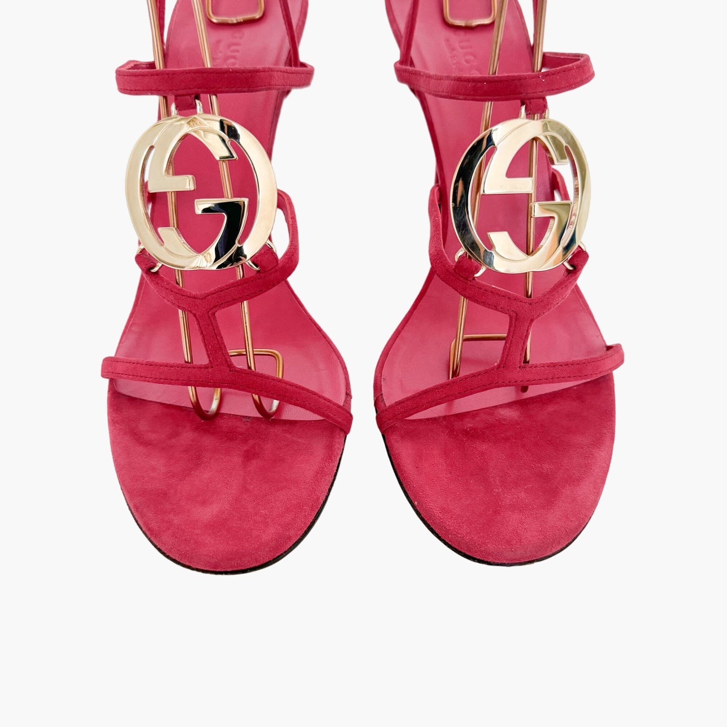 Gucci GG Strappy Heeled Sandals in Cerise Pink Suede Size 38