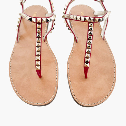 Valentino Garavani Rockstud T-Strap Flat Sandals in Red Leather Size 38.5