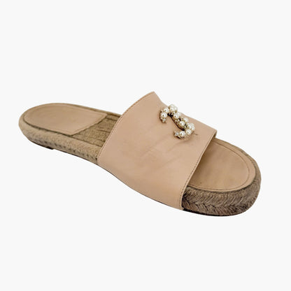 Chanel Pearl CC Espadrille Slide Sandals in Beige Leather Size 39