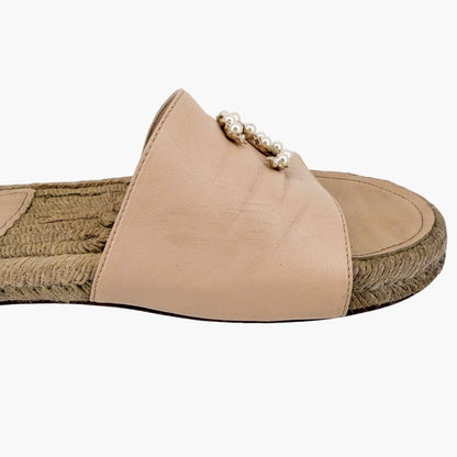 Chanel Pearl CC Espadrille Slide Sandals in Beige Leather Size 39