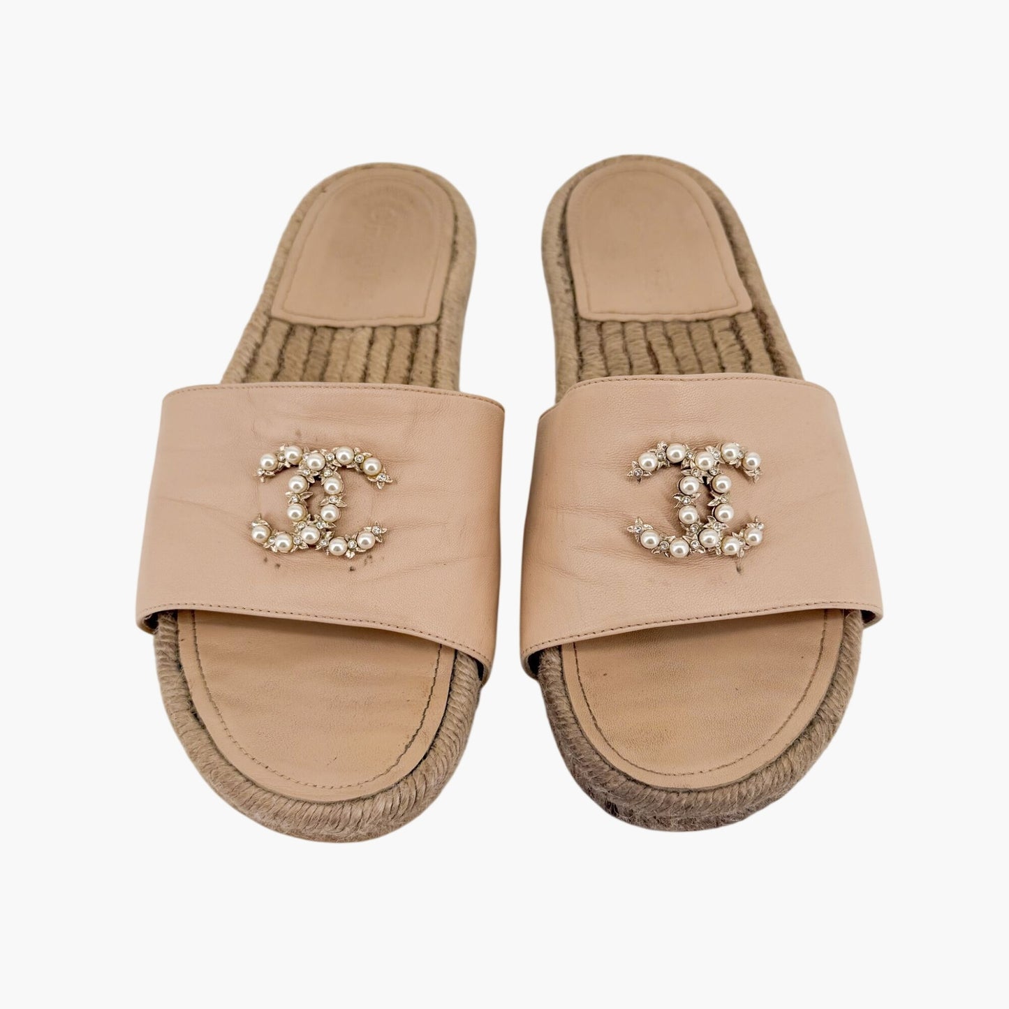 Chanel Pearl CC Espadrille Slide Sandals in Beige Leather Size 39