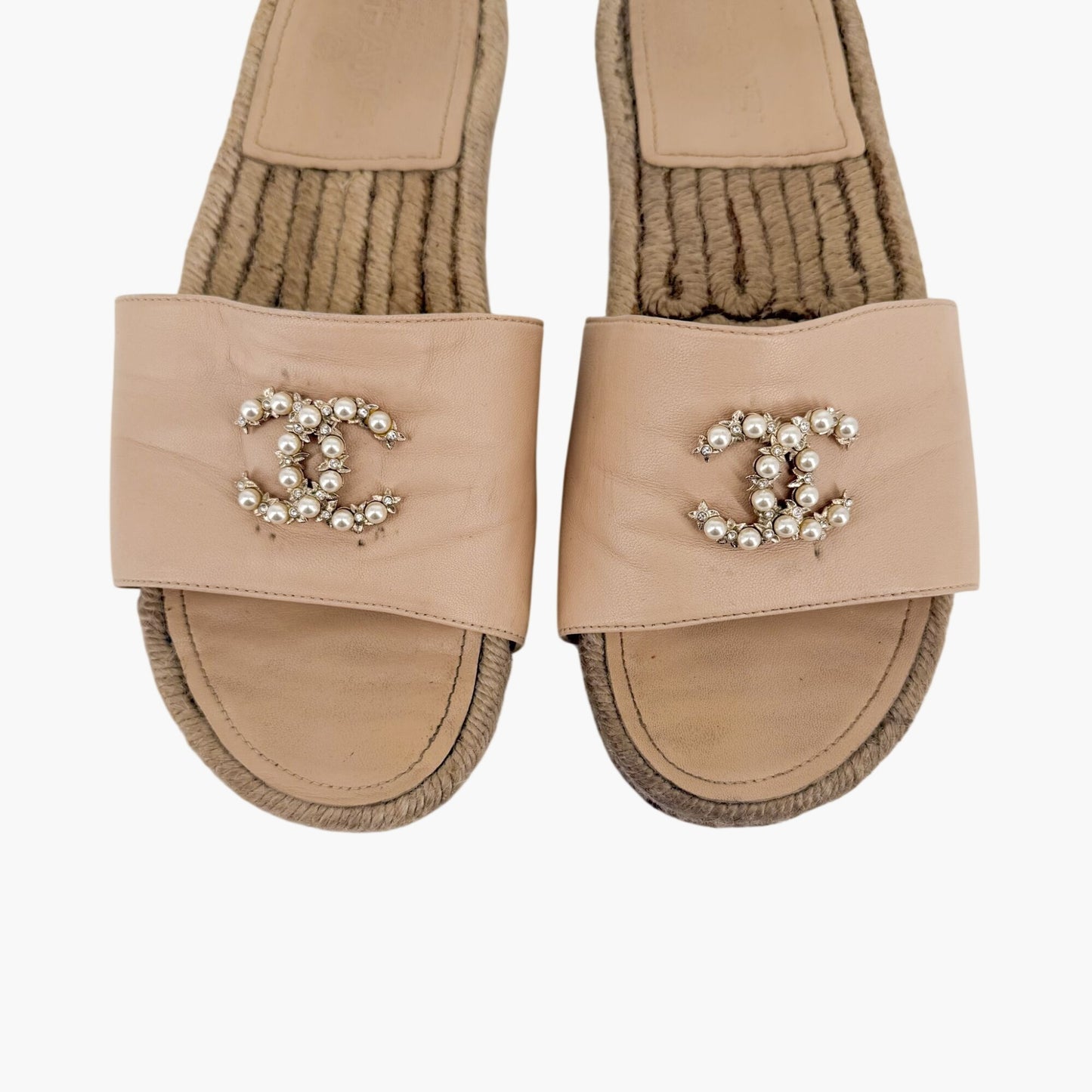 Chanel Pearl CC Espadrille Slide Sandals in Beige Leather Size 39