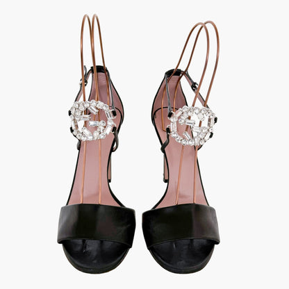 Gucci Crystal-Embellished GG Sandals in Black Leather Size 39.5