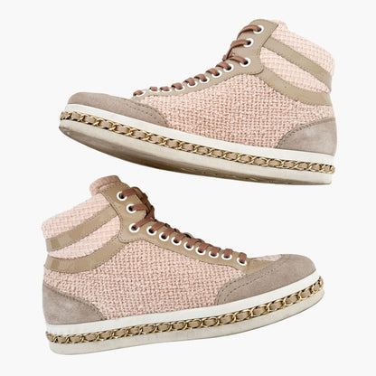 Chanel High Top Chain Sneakers in Light Pink Tweed Size 37.5