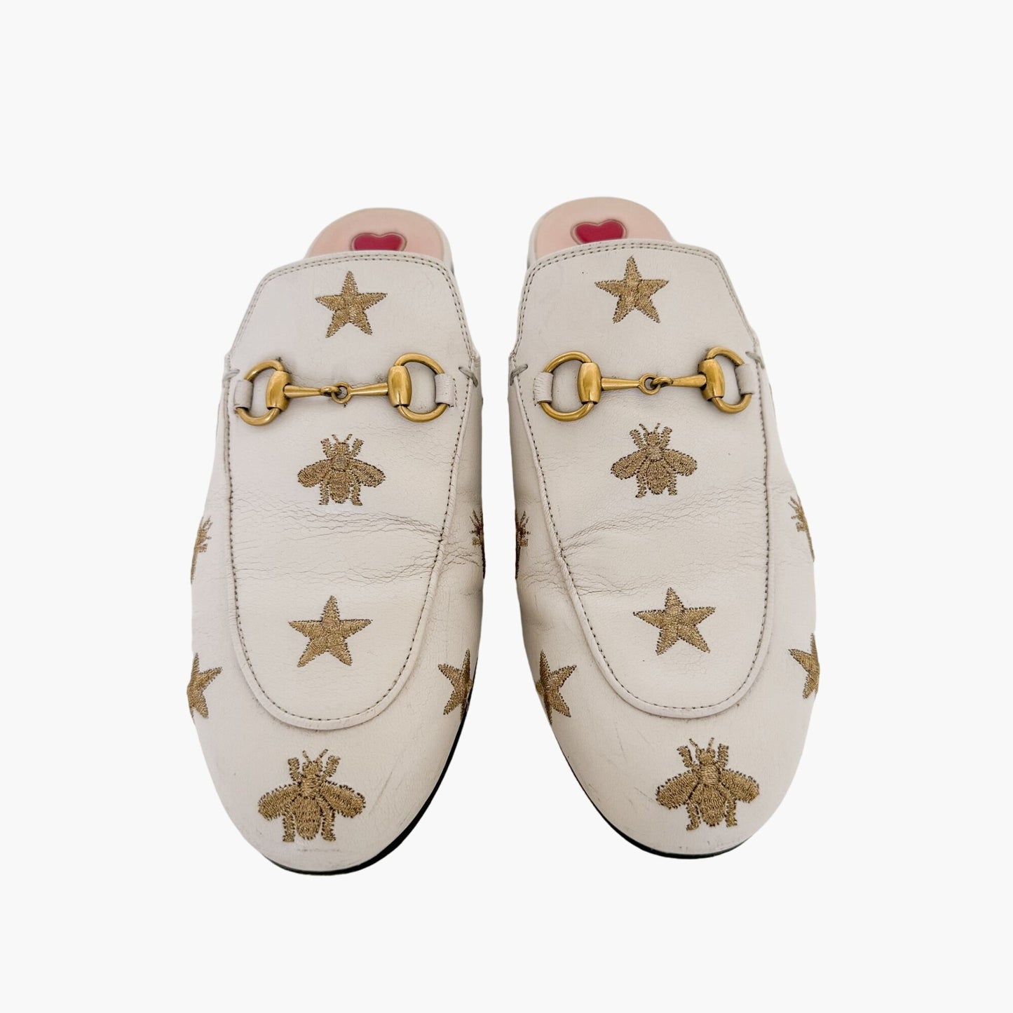 Gucci Princetown Horsebit Loafer Mule in Bee & Star Embroidered White Leather Size 37