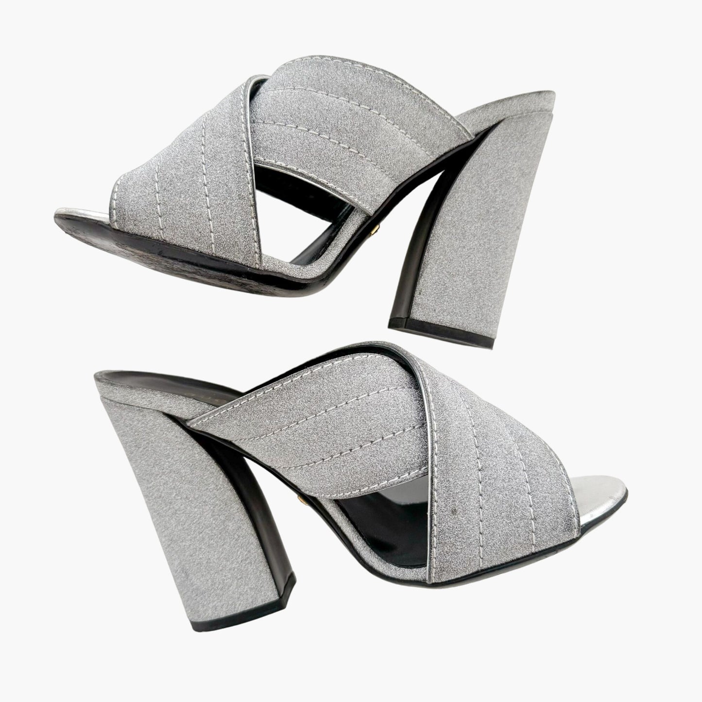 Gucci Webby Mules in Argento Silver Glitter Size 37