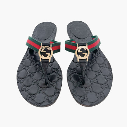 Gucci GG Web Stripe Thong Sandals in Black Size 37.5