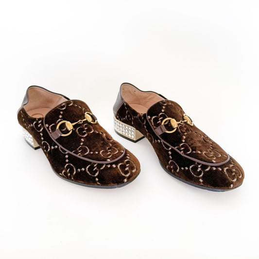 Gucci Mister Crystal Heel Horsebit Loafer in Brown GG Velvet Size 37.5