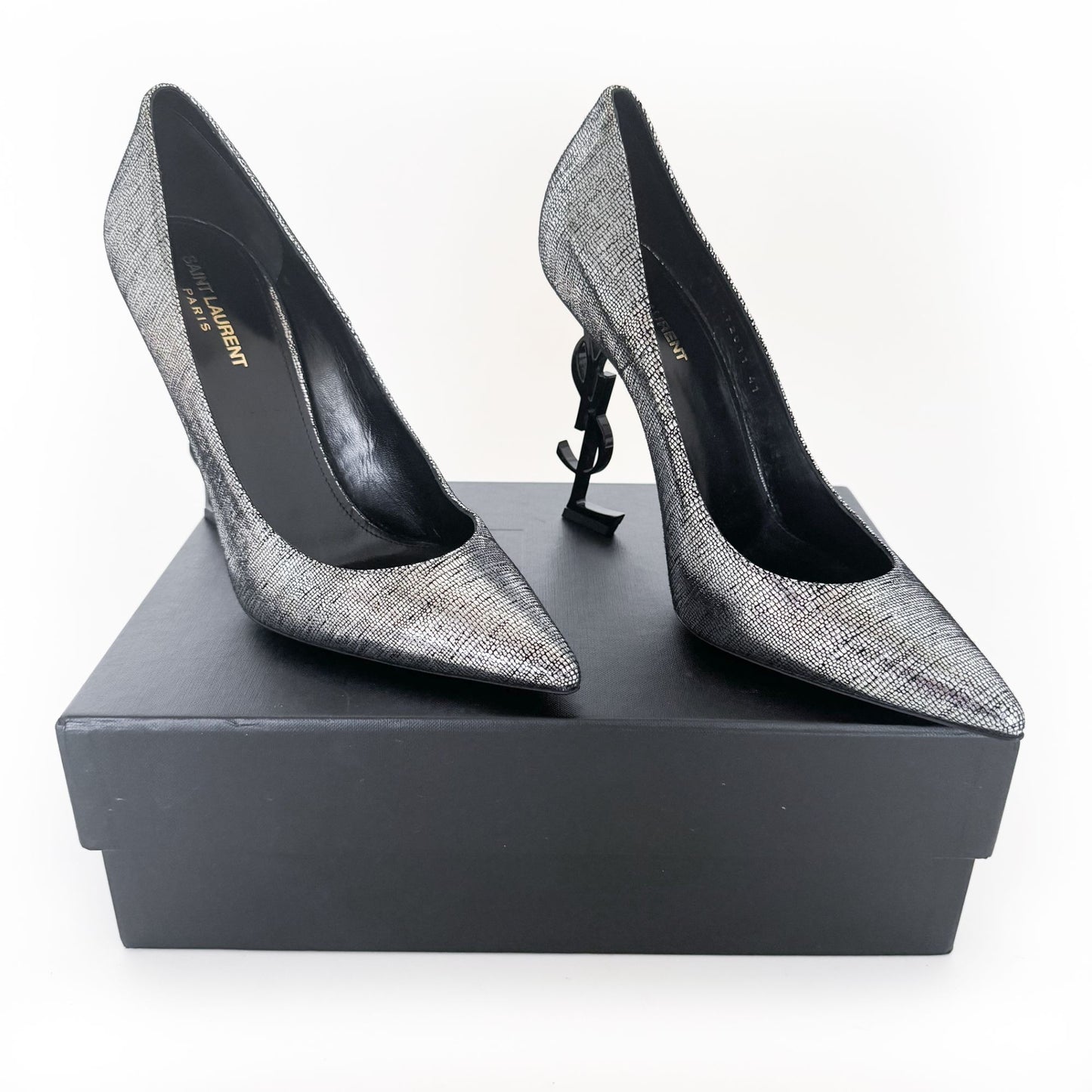 Saint Larent Opyum 110 YSL Heel Pumps in Metallic Silver Size 41