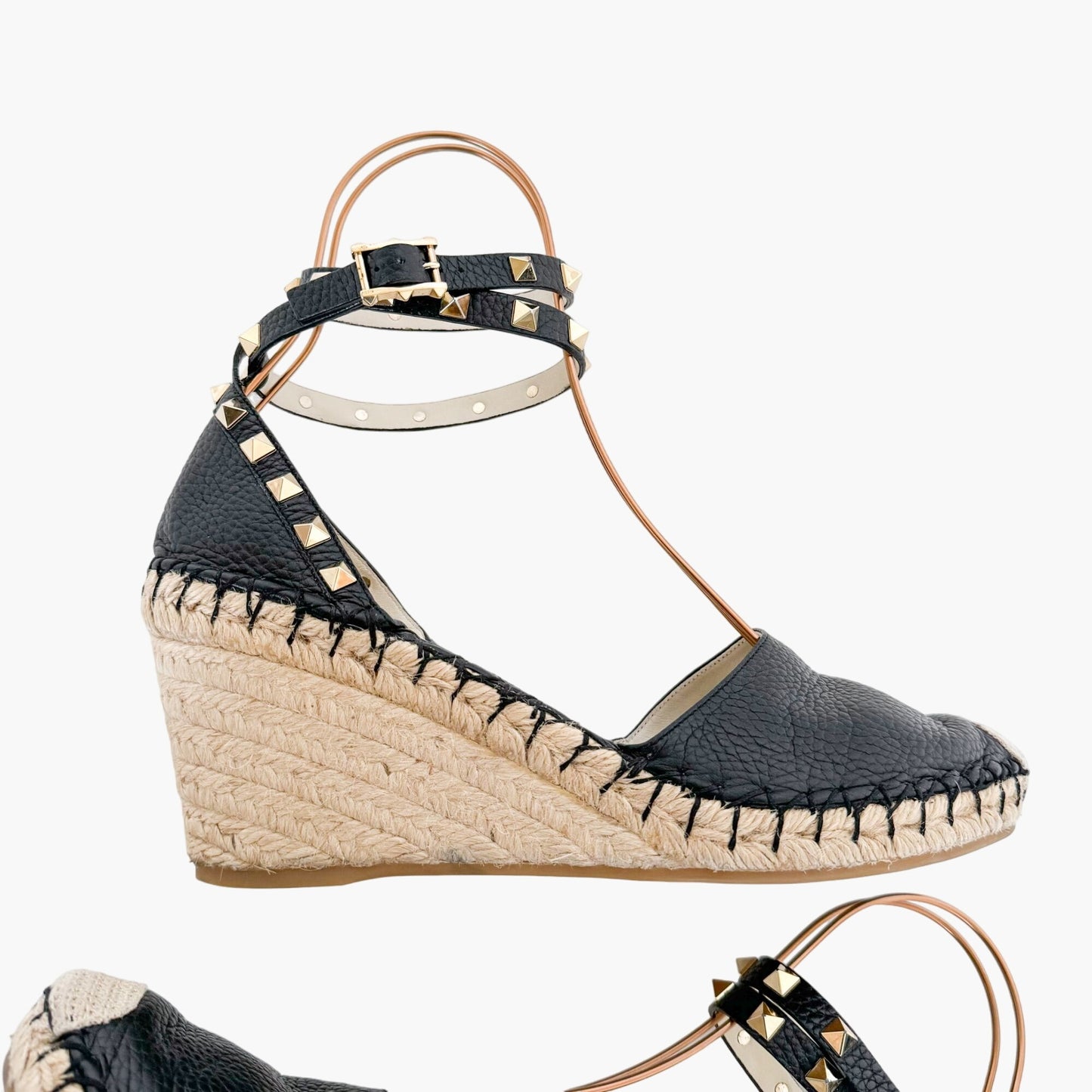 Valentino Garavani Rockstud 85 Espadrille Wedge Sandals in Black Pebbled Leather Size 41