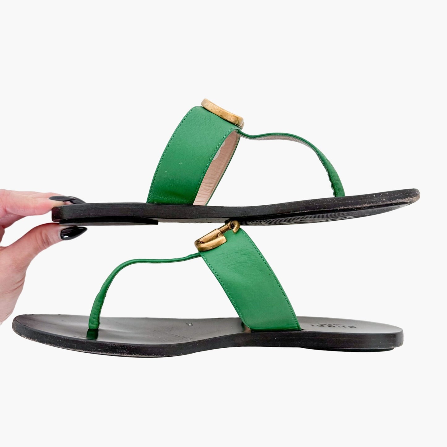 Gucci Marmont GG Thong Sandals in Green Leather Size 37