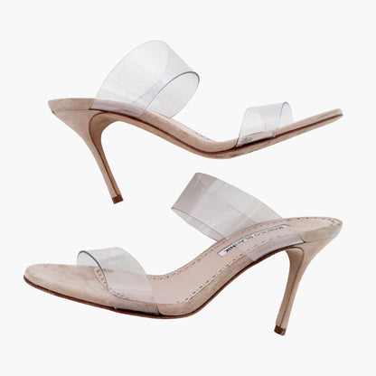 Manolo Blahnik Scolto PVC Mules in Nude Suede Size 37