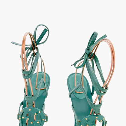 Gucci Ankle Wrap GG Sandals in Teal Leather Size 8.5