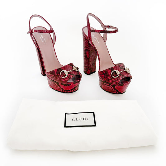 Gucci Claudie Horsebit Platform Sandals in Red Snake Size 38.5