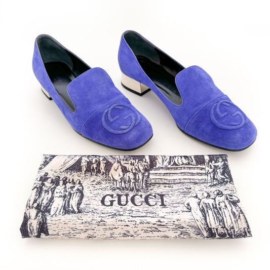 Gucci GG Smoking Loafers in Blue Suede Size 39