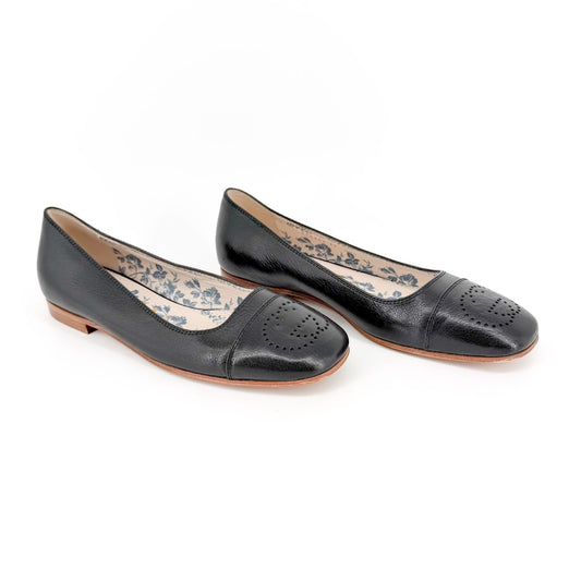Gucci Hills GG Cap Toe Ballet Flats Black Leather Size 39