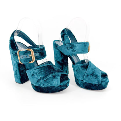 Prada Velvet Platform Sandals Blue Size 40