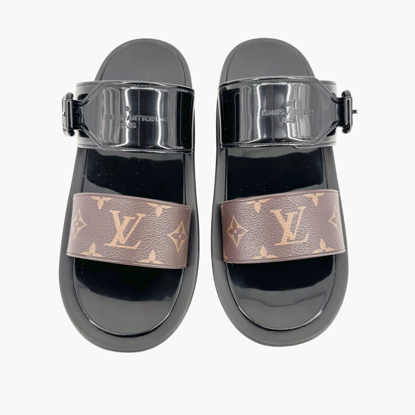 Louis Vuitton Sunbath Flat Mules in Brown Monogram Canvas & Black Rubber Size 40