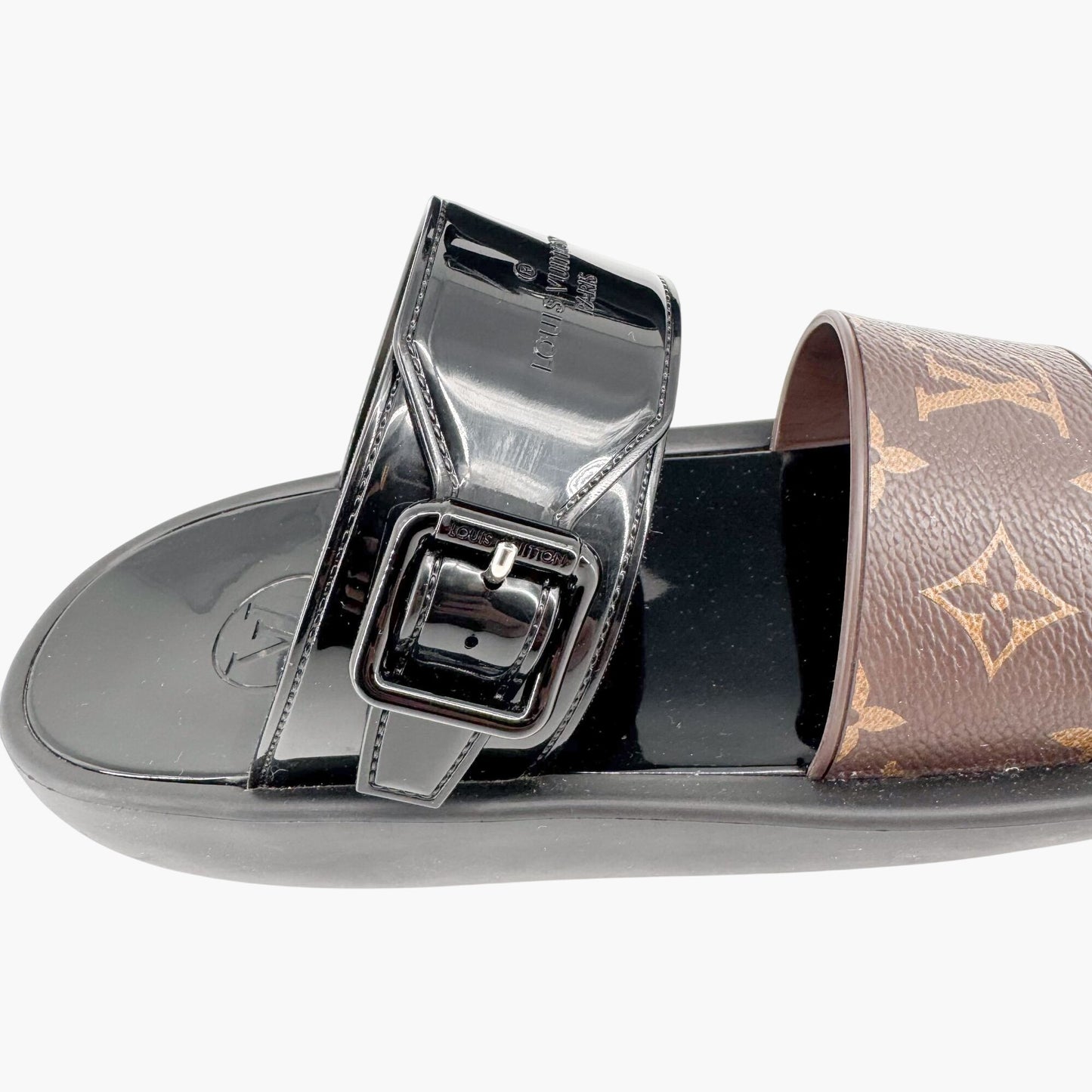 Louis Vuitton Sunbath Flat Mules in Brown Monogram Canvas & Black Rubber Size 40