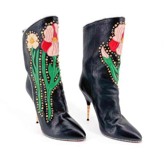 Gucci Fosca Floral Intarsia Crystal Studded Leather Boots – Size 37