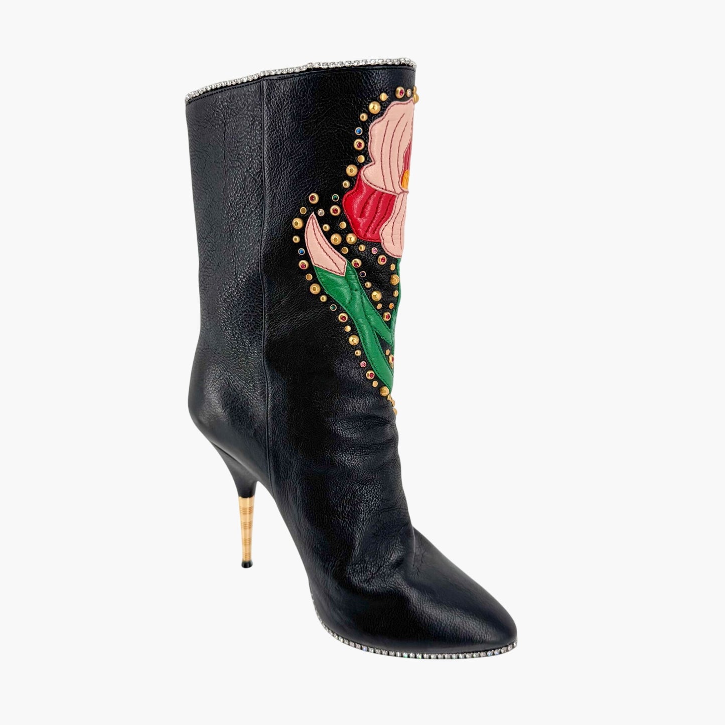 Gucci Fosca Floral Intarsia Crystal Studded Leather Boots – Size 37