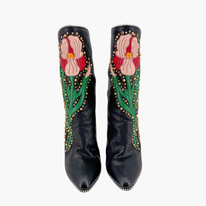 Gucci Fosca Floral Intarsia Crystal Studded Leather Boots – Size 37