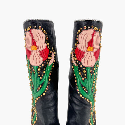 Gucci Fosca Floral Intarsia Crystal Studded Leather Boots – Size 37