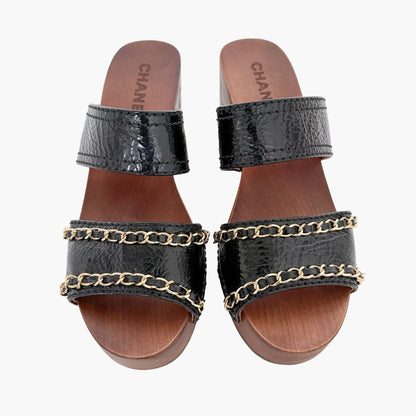 Chanel Chain-Embellished Wooden Mule Sandals in Black Patent Leather Size 39