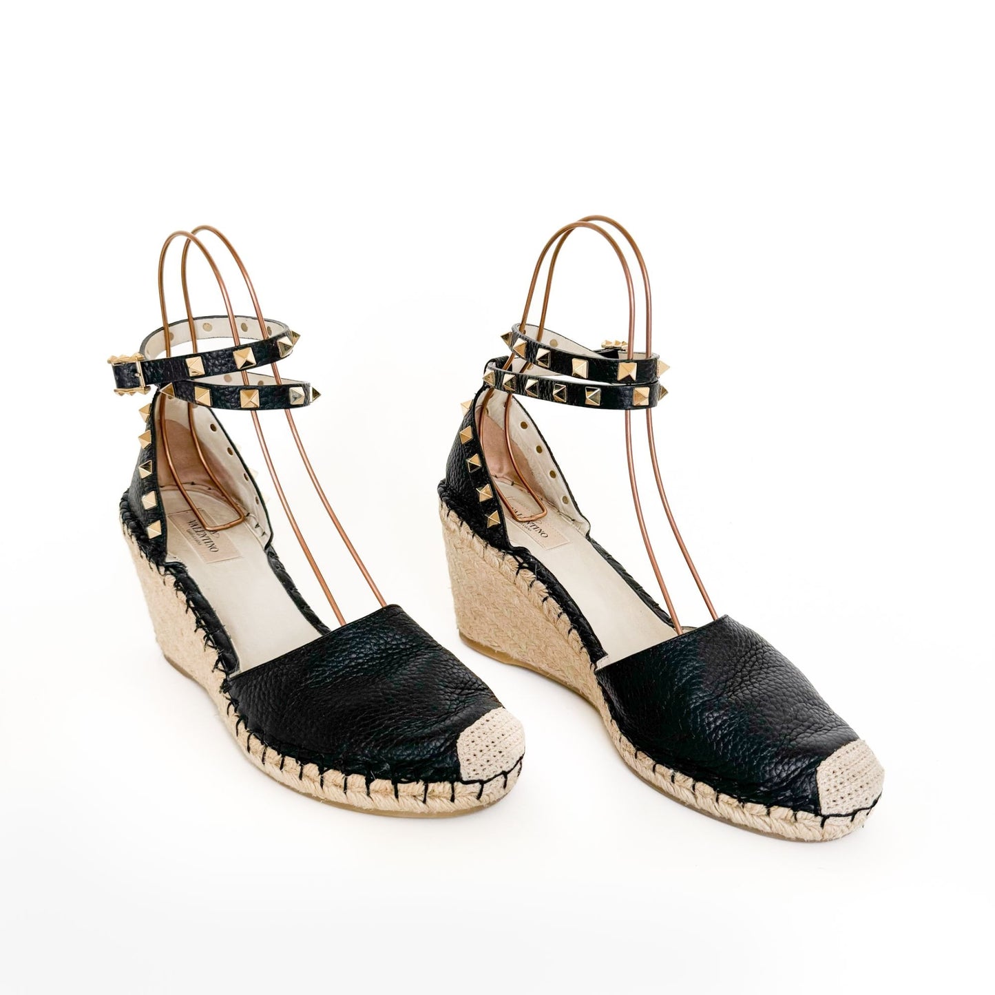 Valentino Garavani Rockstud 85 Espadrille Wedge Sandals in Black Pebbled Leather Size 41