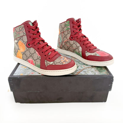 Gucci Tian High Top Sneakers in Floral GG Monogram Canvas & Red Leather Size 36