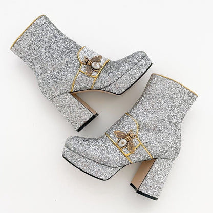 Gucci Soko Platform Ankle Boots in Silver Glitter Size 36