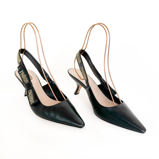 Christian Dior J'adior Studded Slingback Pumps in Black Leather Size 40