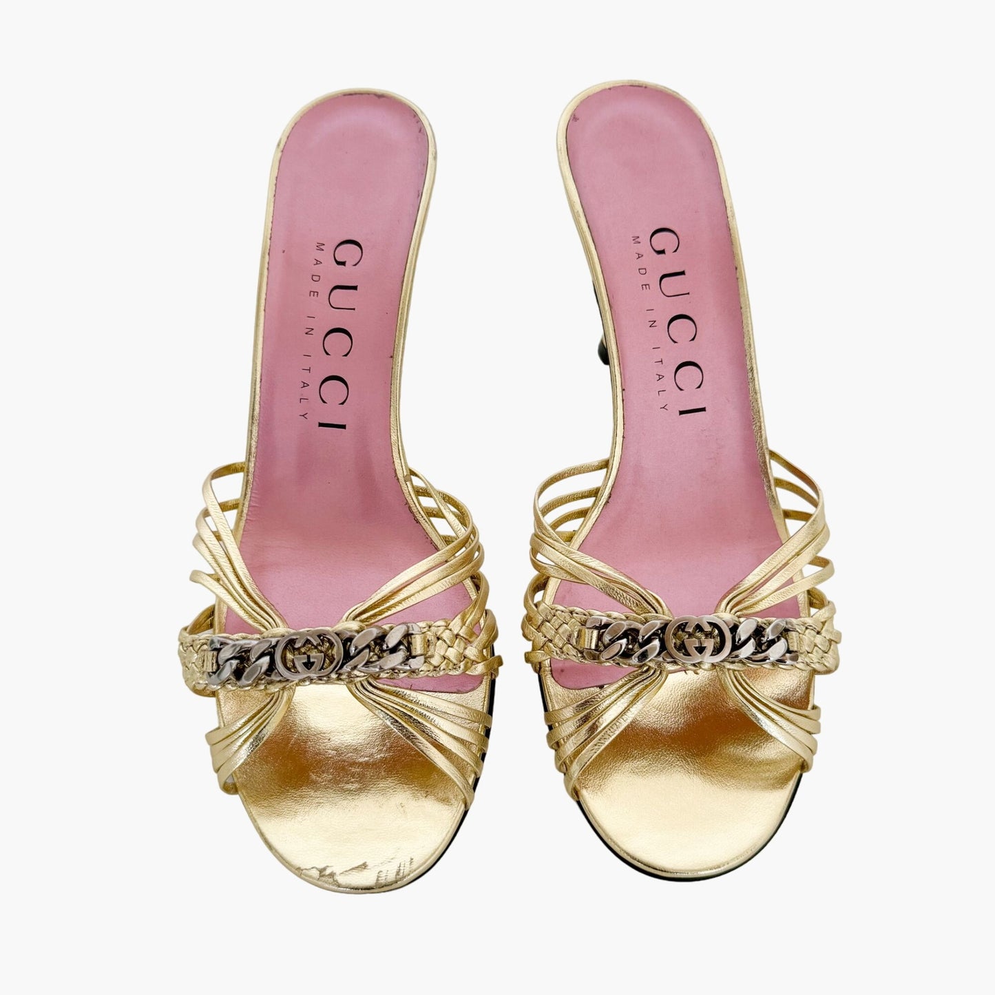 Gucci Braided Interlocking G Mules in Metallic Gold Leather Size 38