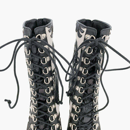 Balmain Lace Up Booties in Black & White Floral Leather Size 38.5
