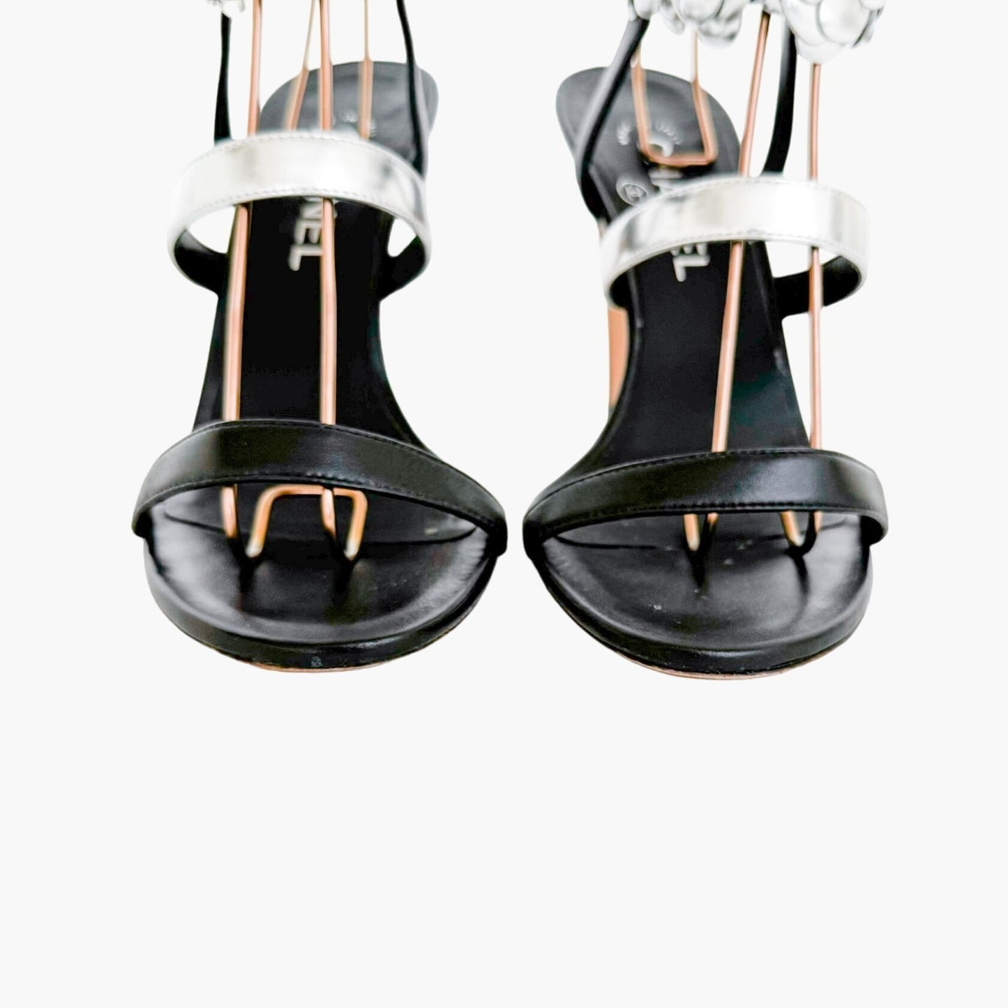 Chanel CC Camellia Tie Sandals in Black & Metallic Silver Size 38.5