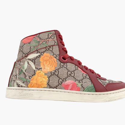 Gucci Tian High Top Sneakers in Floral GG Monogram Canvas & Red Leather Size 36