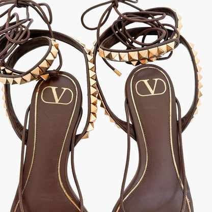 Valentino Garavani Rockstud Wrap Sandals in Brown Leather Size 38